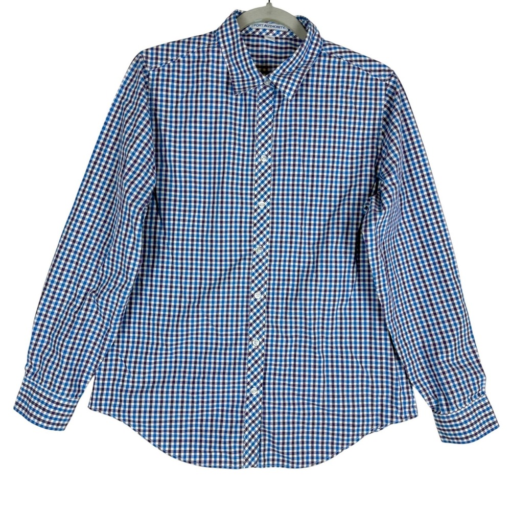 Port Authority Shirt Womens Medium Blue Purple Gingham Check Button Long Sleeve